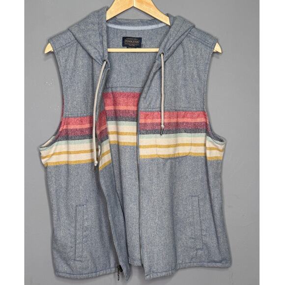 Pendleton Vest Gray USA Park Wool Blend Striped Hooded Full Zip No Size Tag - Picture 4 of 5